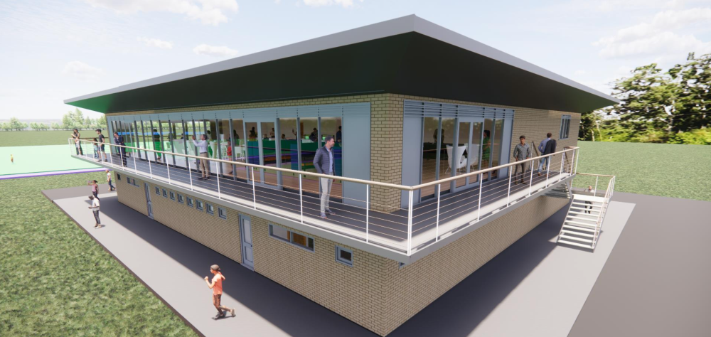 A digital render of the two-storey King's School pavilion, with a wrap around balcony.